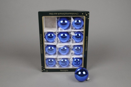 Boîte de 12 boules en verre brillant bleu D6cm