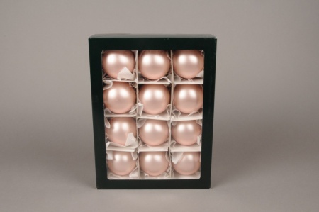 Boîte de 12 boules en verre mat rose D6cm