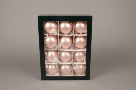 Boîte de 12 boules en verre mat rose D6cm