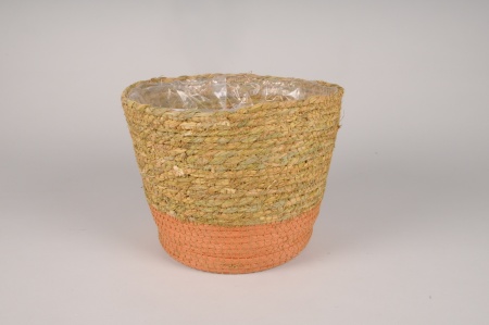 Cache-pot en jonc naturel et orange D26cm H20cm