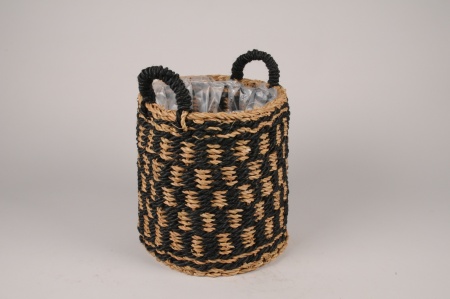 Cache-pot panier en corde tressée noir D25cm H27cm