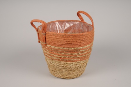 Cache-pot panier en jonc corail et naturel D25cm H23cm