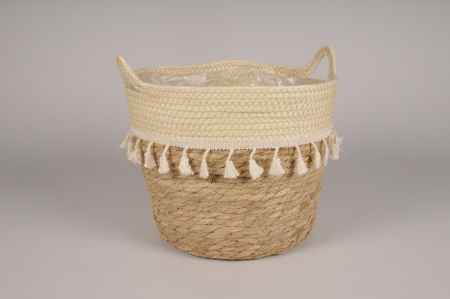 Cache-pot panier en jonc crème D21cm H19cm