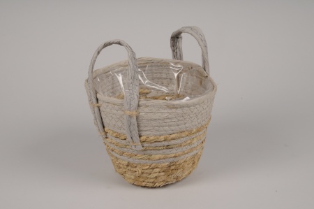 Cache-pot panier en jonc gris et naturel D18cm H16cm