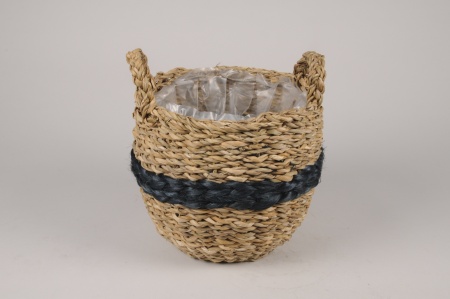 Cache-pot panier en jonc naturel et bleu D22cm H21cm