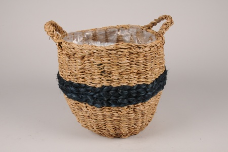 Cache-pot panier en jonc naturel et bleu D28cm H25.5cm