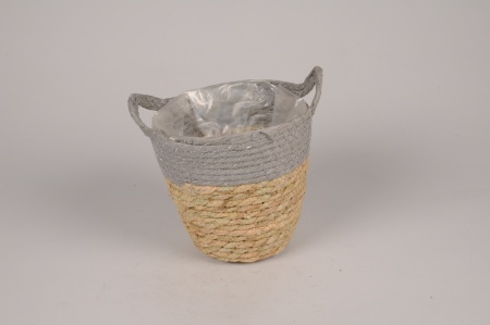 Cache-pot panier en jonc naturel et gris D16cm H16cm