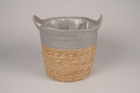 Cache-pot panier en jonc naturel et gris D27cm H26cm
