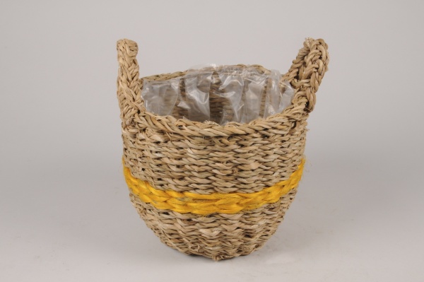 Cache-pot panier en jonc naturel et jaune D21cm H18cm