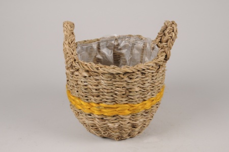 Cache-pot panier en jonc naturel et jaune D21cm H18cm