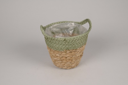 Cache-pot panier en jonc naturel et vert D17cm H15cm