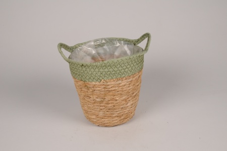 Cache-pot panier en jonc naturel et vert D21cm H19cm