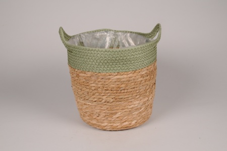 Cache-pot panier en jonc naturel et vert D24cm H22cm