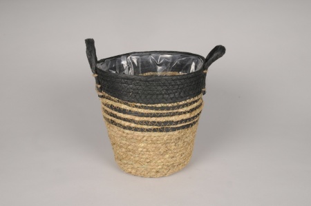 Cache-pot panier en jonc noir et naturel D25cm H25cm