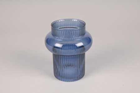 Vase en verre strié bleu D12cm H14cm