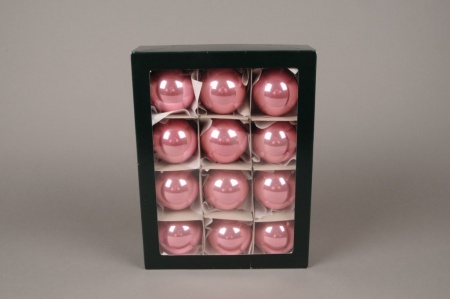 Boîte de 12 boules en verre brillant rose D6cm