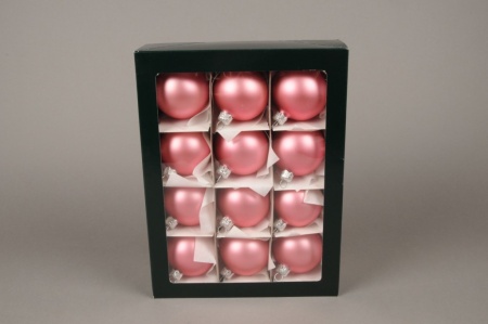 Boîte de 12 boules en verre mat rose D6cm