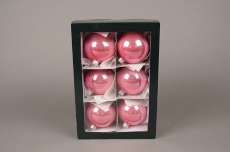 Boîte de 6 boules en verre brillant rose D8cm