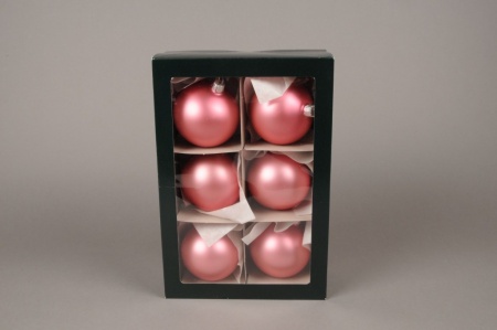 Boîte de 6 boules en verre mat rose D8cm