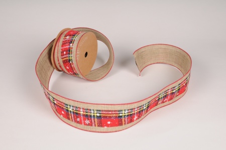 Ruban Noël tissu naturel et rouge 63mm x 10m