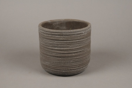 Cache-pot en béton strié brun D18cm H16cm