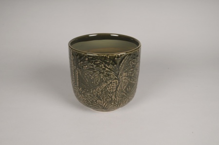 Cache-pot en céramique palmier vert D16.5cm H15cm