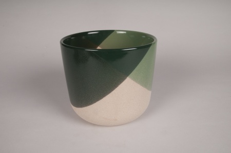 Cache-pot en céramique vert et beige D18cm H16cm