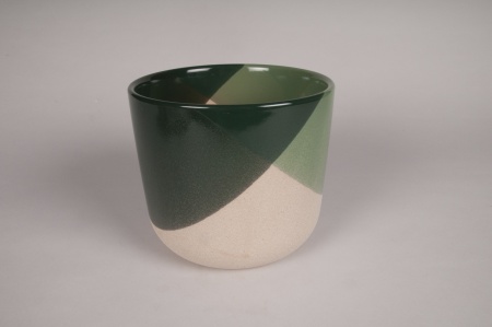 Cache-pot en céramique vert et beige D22cm H19.5cm