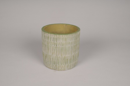 Cache-pot en béton strié vert D15cm H15cm