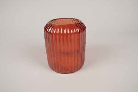 Vase en verre strié rouge D10.5cm H16.5cm