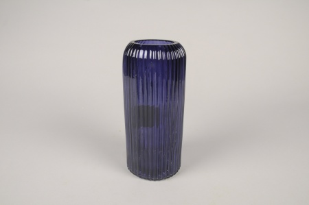 Vase en verre strié bleu foncé D8.5cm H20cm