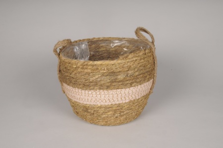 Cache-pot panier en jonc rayé rose D33cm H26cm