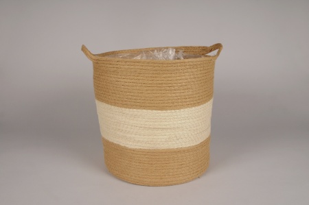 Cache-pot panier en jonc rayé crème D31cm H30cm