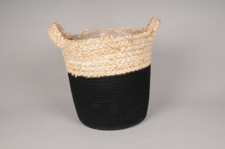 Cache-pot panier en jonc et tissu noir D30cm H30cm