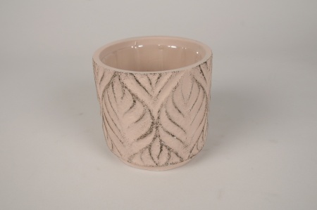 Cache-pot en béton rose motif feuille D13.5cm H12.5cm