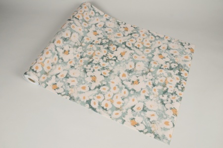 Tissu vert et crème motif fleur 48cm x 5m