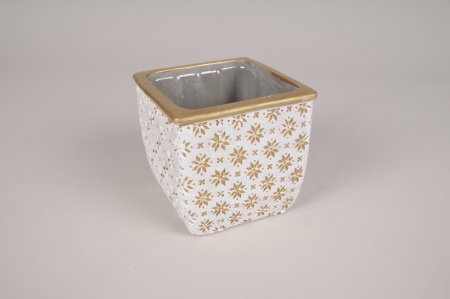 Cache-pot en béton blanc avec motifs flocons or 11x11cm H10.5cm
