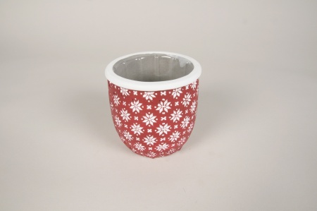 Cache-pot en béton rouge motifs flocons D11cm H10.5cm