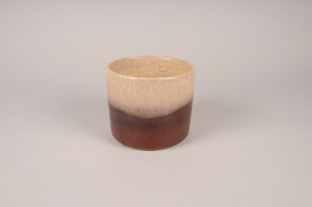 Cache-pot en céramique émaillée beige et marron D15.5cm H13.5cm