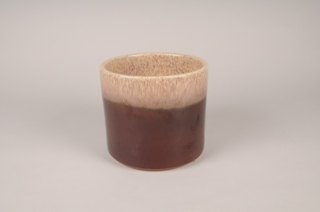 Cache-pot en céramique émaillée beige et marron D18cm H17cm