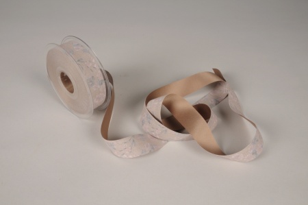 Ruban tissu beige motif floral 25mm x 15m