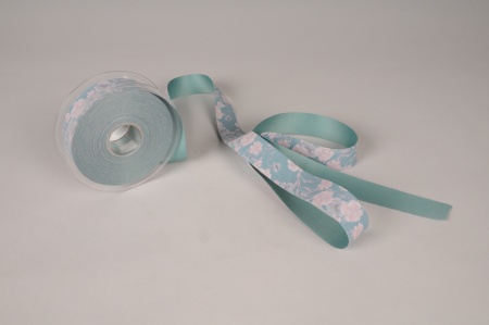 Ruban tissu turquoise motif floral 25mm x 15m