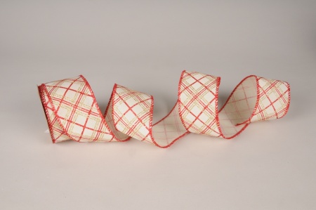 Ruban tissu géométrique crème et rouge 63mm x 10m