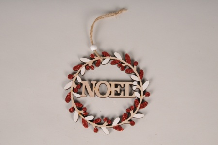 Déco noël en bois rouge et blanc D12.5cm