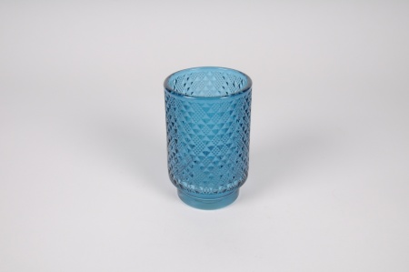 Photophore en verre bleu D8.5cm H13cm