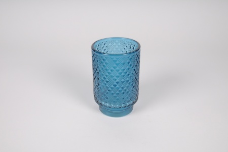 Photophore en verre bleu D8.5cm H13cm