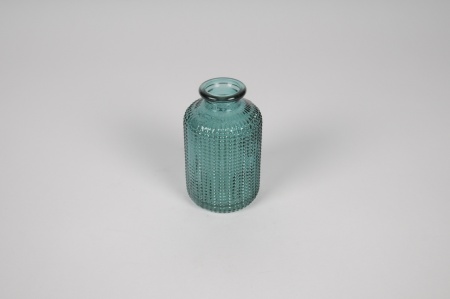 Vase bouteille en verre bleu D6cm H10cm