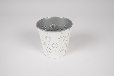 Cache-pot en zinc blanc et argent D11cm H10.5cm