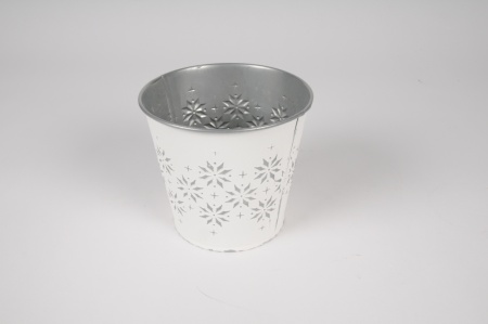 Cache-pot en zinc blanc et argent D13.5cm H12cm