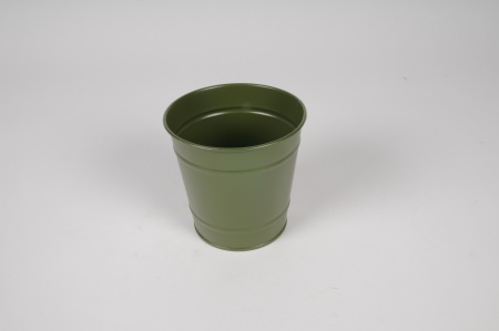 Cache-pot en zinc vert kaki D11cm H10.5cm